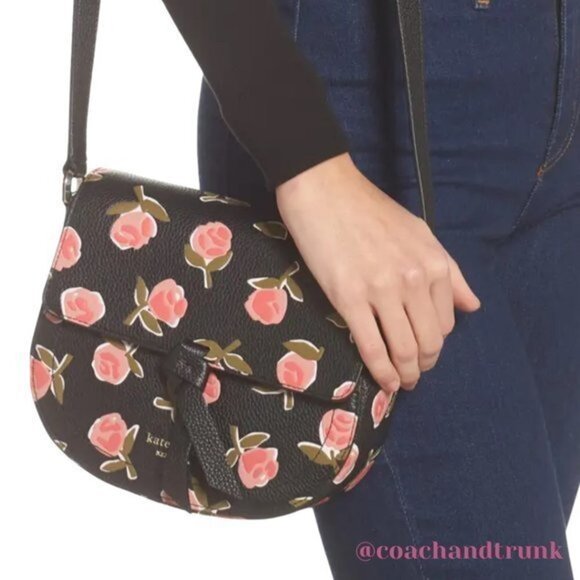 KATE SPADE Leather Embossed Ditsy Pink Rose Black Knott Adjustable Strap NWT - Picture 10 of 15